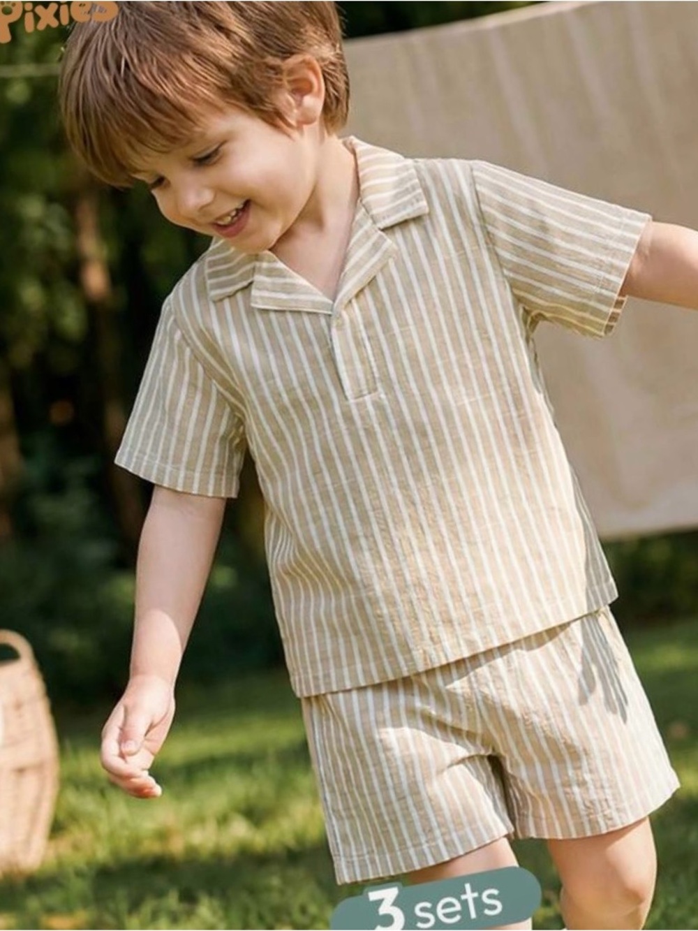 Beige Stripe Kids Pajama Set - Short Sleeve Top & Shorts